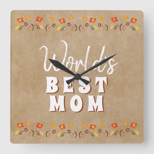 ワールド最高のズマ花フローラ素朴ベージュ スクエア壁時計 (正面)