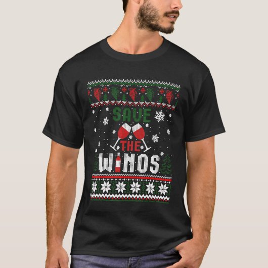 ワ救イン飲みおもしろいワインクリスマス醜い Tシャツ (正面)