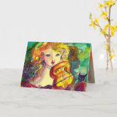 ヴァイオリンの女の子、バイオリンと猫が元気 カード (黄色い花)