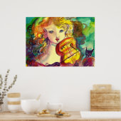 ヴァイオリンの女の子、バイオリンと猫 ポスター (キッチン)