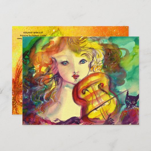 ヴァイオリンの女の子、バイオリンと猫 ポストカード (正面/裏面)