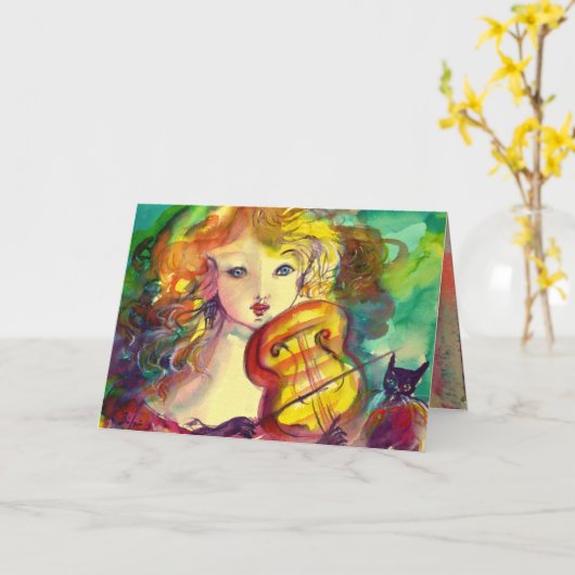 ヴァイオリンの女の子、ヴァイオリンと猫の父の日 カード (黄色い花)