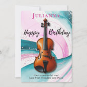 ヴァイオリンの水の色の渦巻き音楽をテーマにした誕生日 カード (正面)