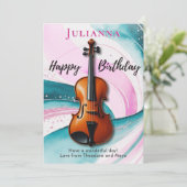 ヴァイオリンの水の色の渦巻き音楽をテーマにした誕生日 カード (スタンド正面)