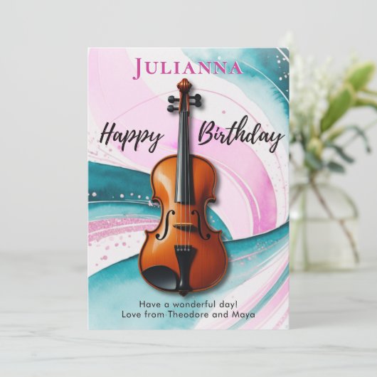 ヴァイオリンの水の色の渦巻き音楽をテーマにした誕生日 カード (スタンド正面)