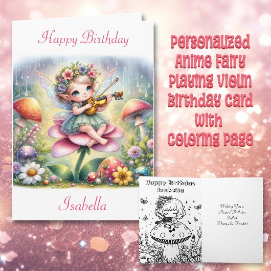 ヴァイオリンを使ったかわいいアニメの女の子キノコ誕生日 カード