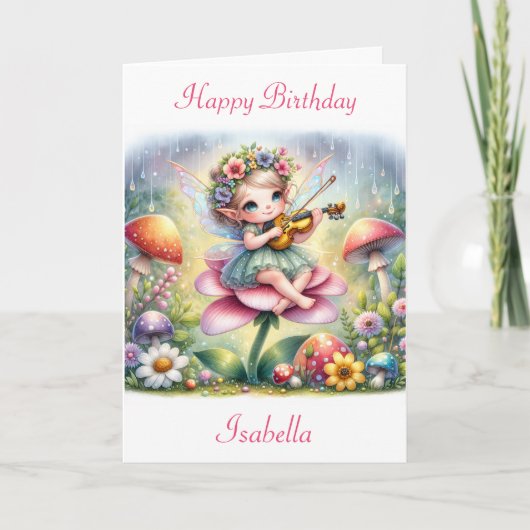 ヴァイオリンを使ったかわいいアニメの女の子キノコ誕生日 カード (正面)