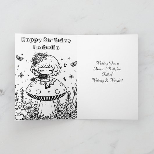 ヴァイオリンを使ったかわいいアニメの女の子キノコ誕生日 カード (内部)