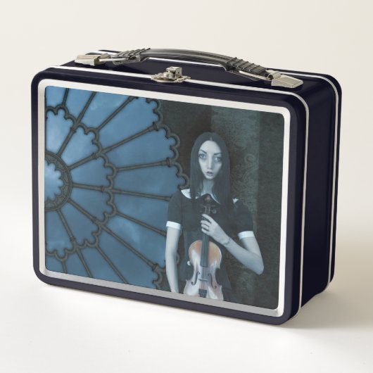 ヴァイオリンビクトリアンダークファンタジーを持つゴシック色の少女 メタルランチボックス (正面)