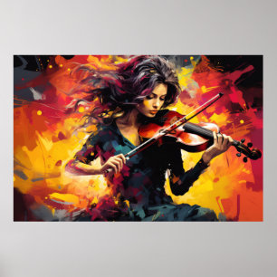 ヴァイオリン奏者絵を描音楽の抽象芸術・アート・デコール ポスター