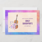 ヴァイオリン、バレエ靴と蝶誕生日 招待状 (正面)