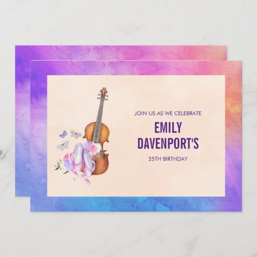 ヴァイオリン、バレエ靴と蝶誕生日 招待状 (正面/裏面)