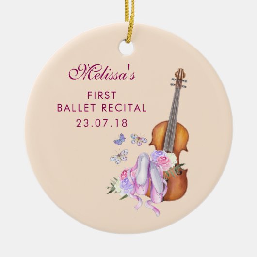 ヴァイオリン、バレエ靴&蝶バレエのリサイタル セラミックオーナメント (正面)