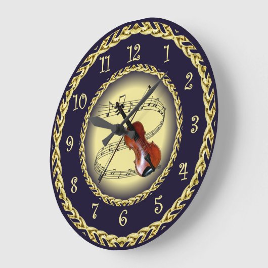 ヴァイオリン~ミュージカル巻物~金ゴールド/ネイビーブルー~ ラージ壁時計 (傾斜)