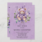 ヴァイオレットかわいいテディベアフローラガールベビーシャワー 招待状 (正面/裏面)
