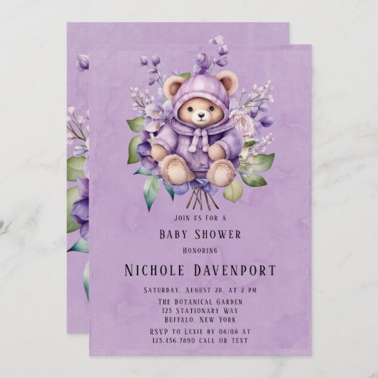 ヴァイオレットかわいいテディベアフローラガールベビーシャワー 招待状 (正面/裏面)