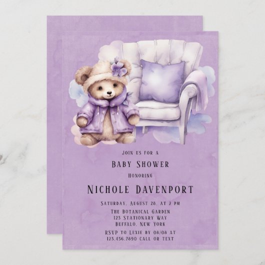 ヴァイオレットかわいいテディベアーチェアガール女の子ベビーシャワー 招待状 (正面/裏面)