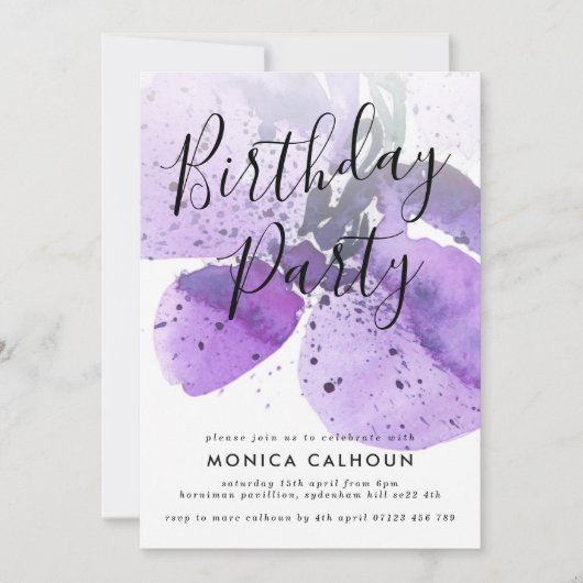 ヴァイオレットウォーターカラーオーキッドバースデーパーティー 招待状 (正面)