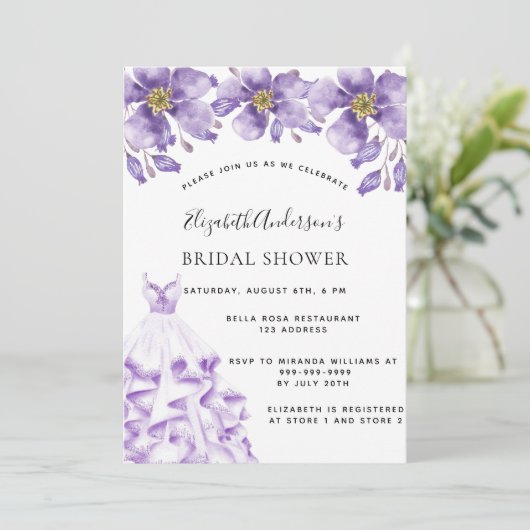 ヴァイオレット白ドレスフローラエレガントブライダルシャワー 招待状 (スタンド正面)