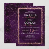ヴァイオレット ローズ ゴールドのスパークルしたコンフェッティ ウェディング 招待状 (正面/裏面)