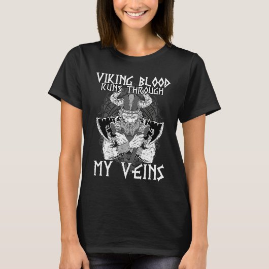 ヴァイキングの血が私の血管を流れる Valhalla Viki Tシャツ (正面)