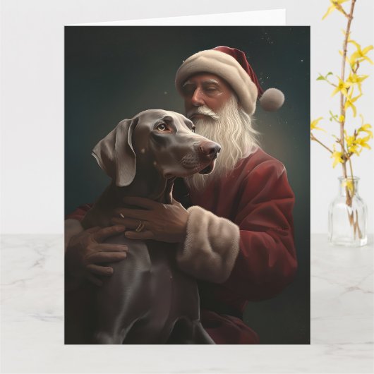 ヴァイマラナーとサンタクロースのクリスマス カード (黄色い花)