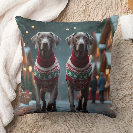 ヴァイマラナー犬 クリスマス 雪 冬のイベント クッション (ブランケット)