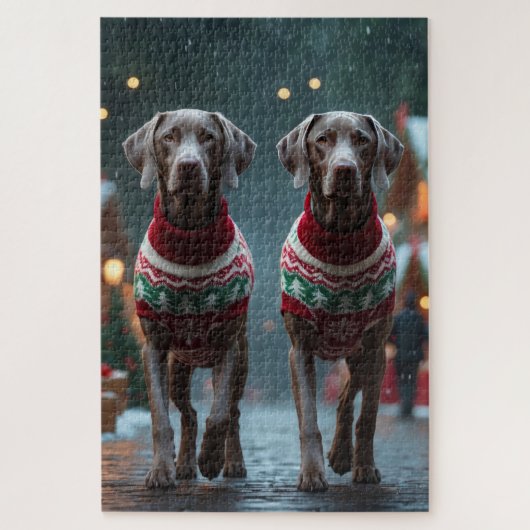 ヴァイマラナー犬 クリスマス 雪 冬のイベント ジグソーパズル (縦)