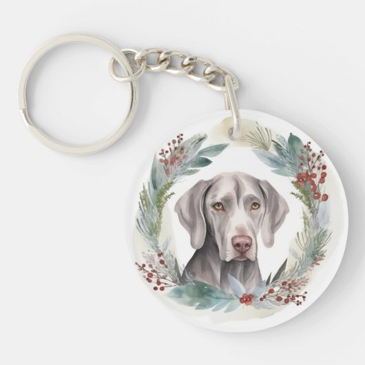 ヴァイマラナー クリスマス リース 祝祭の仔犬 キーホルダー (正面)