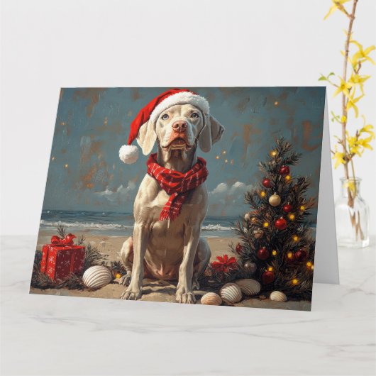 ヴァイマラナー 犬 クリスマス ヴィンテージ ビーチ カード (黄色い花)
