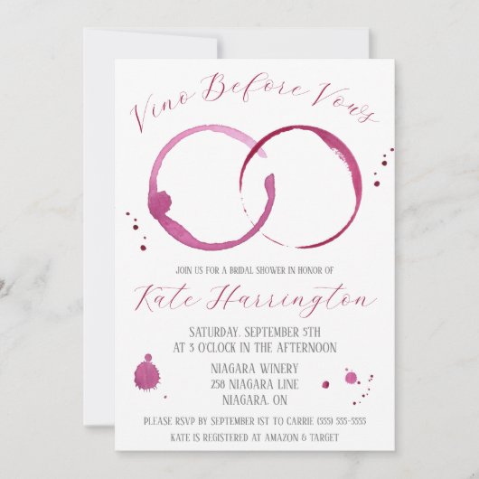 ヴァウズ前のヴィノ、ワイン、ワインのシミ、ブライダルシャワー 招待状 (正面)