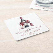 ヴァウズ前のヴィノ 赤ワインボトル リボン ブライダルシャワー スクエアペーパーコースター (アングル)