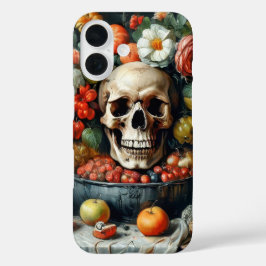 ヴァニタス様式のカバーに描かれたドクロと果物 iPhone 16ケース