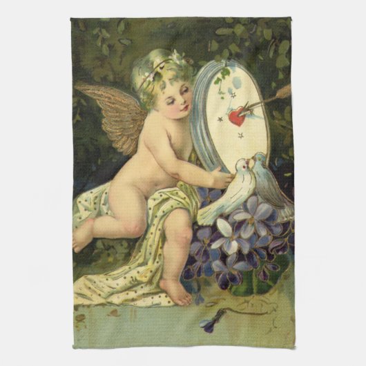 ヴァレンティビクトリアンンズデー、ヴィンテージエンジェルラブバード キッチンタオル (縦)