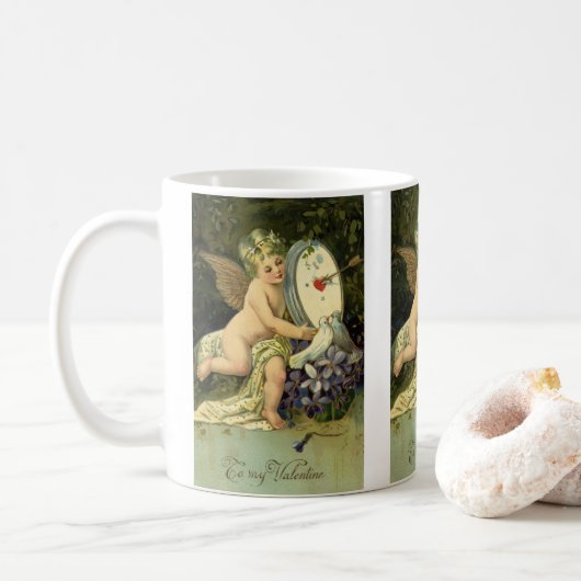 ヴァレンティビクトリアンンズデー、ヴィンテージエンジェルラブバード コーヒーマグカップ (ドーナツ)