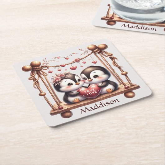 ヴァレンティーンズデイトゥルーラブペンクインズオンザスイング スクエアペーパーコースター (アングル)