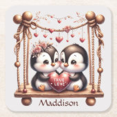 ヴァレンティーンズデイトゥルーラブペンクインズオンザスイング スクエアペーパーコースター (正面)