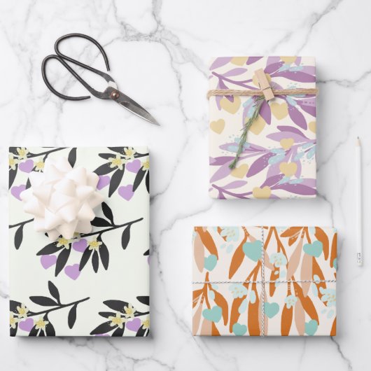 ヴァレンティーンズデイハートブランチ花ラブパステル ラッピングペーパーシート (正面)