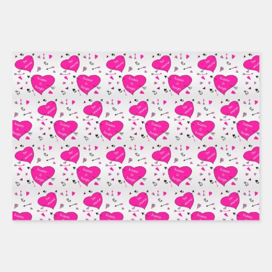 ヴァレンティーンズデイピンクハートハグズnキス ラッピングペーパーシート (正面2)