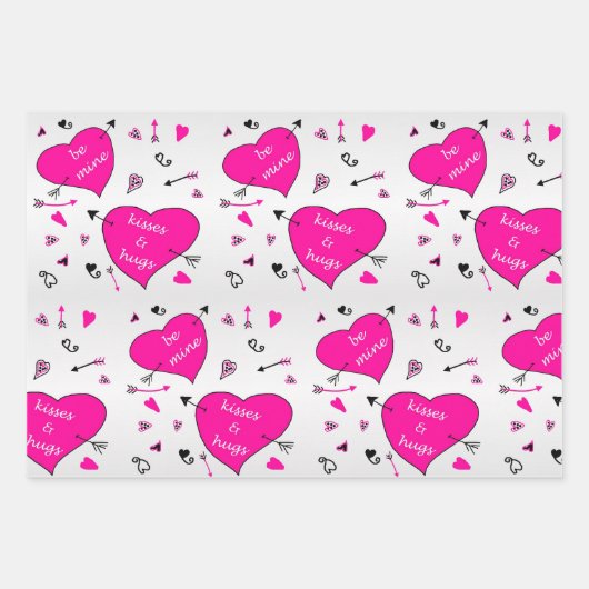 ヴァレンティーンズデイピンクハートハグズnキス ラッピングペーパーシート (正面)