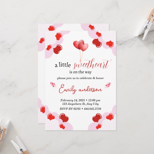 ヴァレンティーンズデイベビーシャワー招待状ハート 招待状 (正面/裏面インサイチュ)