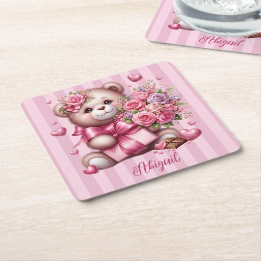 ヴァレンティーンズデイラブバラベア スクエアペーパーコースター (アングル)