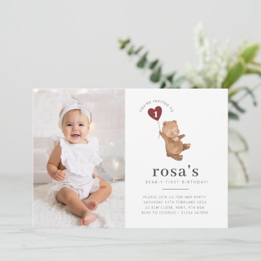 ヴァレンティーンズベアーフォト1st誕生日招待状 招待状 (スタンド正面)