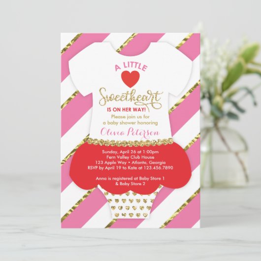 ヴァレンティーンズベビーシャワー招待状フェイクグリッター 招待状 (スタンド正面)