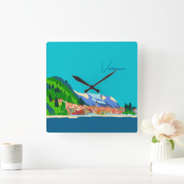 ヴァレンナレイクコモイタリアイラストレーショントラベル スクエア壁時計