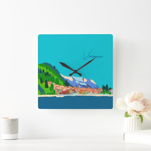 ヴァレンナレイクコモイタリアイラストレーショントラベル スクエア壁時計 (ホーム)