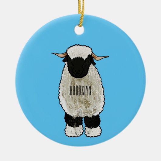 ヴァレーブラックノーズ羊の漫画イラストレーション セラミックオーナメント (正面)