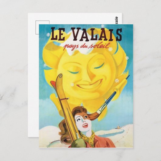 ヴァレ、スキーを優しい日の下に持つ女性 ポストカード (正面/裏面)