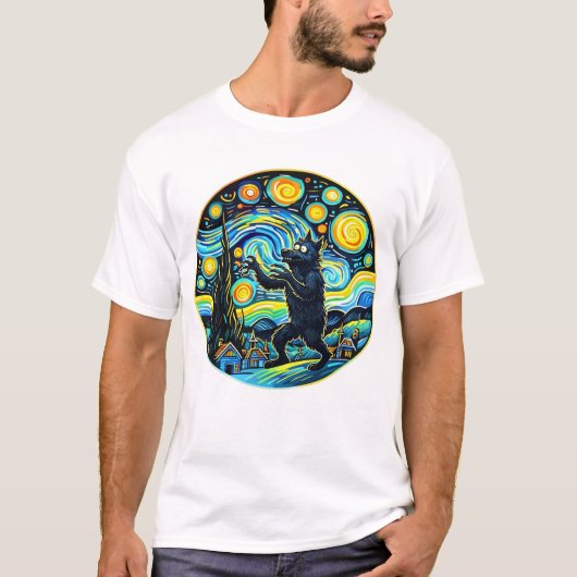 ヴァンゴッホの星空と人狼Tシャツ - 楽しく芸術的なデザイン Tシャツ (正面)