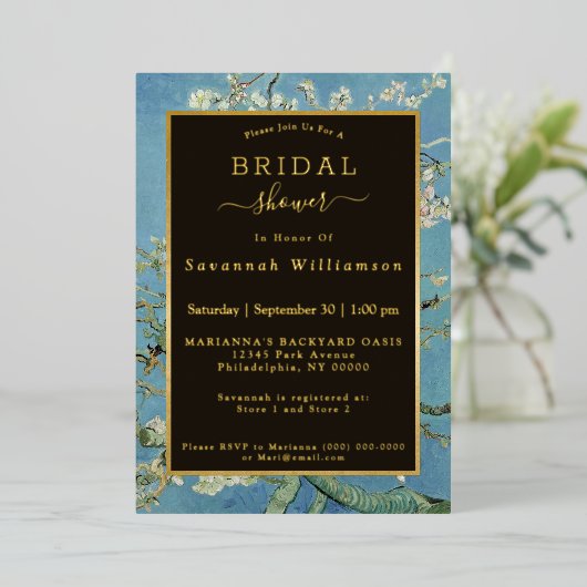 ヴァンゴッホアーモンドブロッサム絵を描ズブライダルシャワー 箔招待状 (立ち正面)